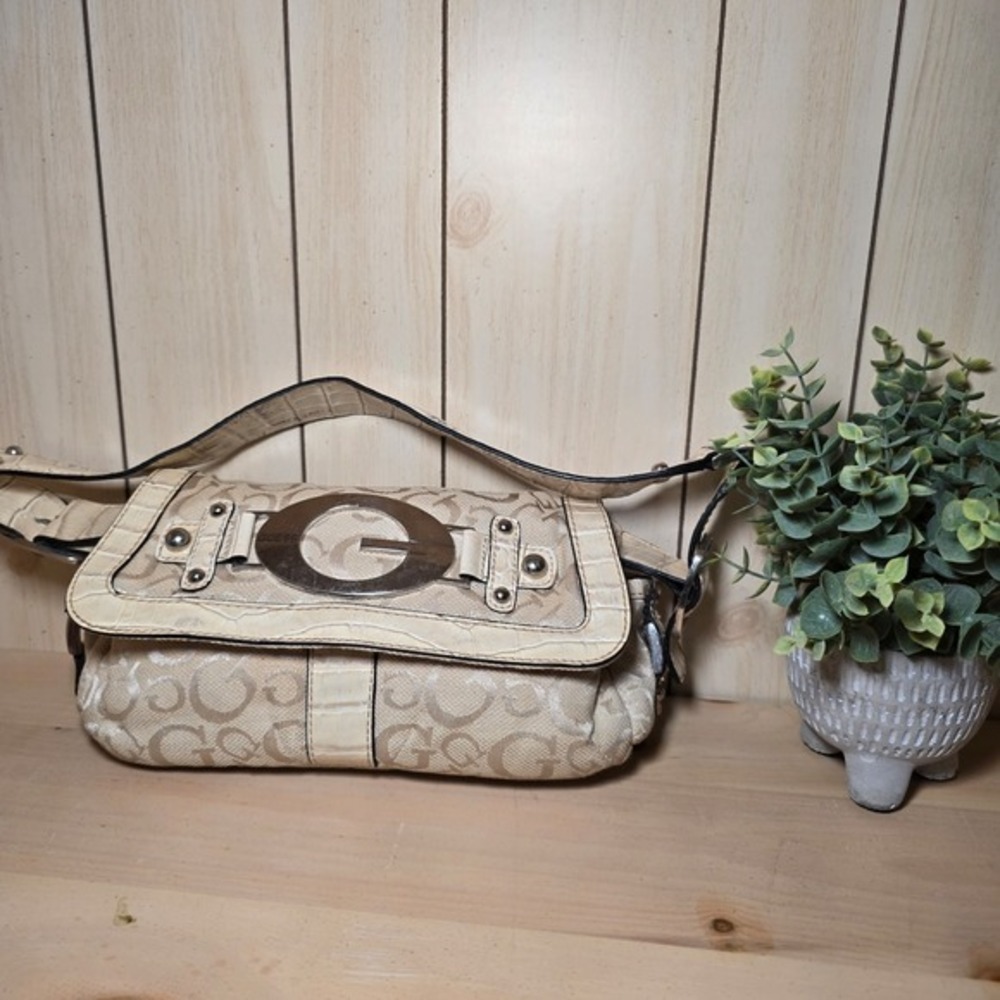 Vtg Y2k GUESS Signature Faux Crocodile Off White Cream Small Shoulder Baguette